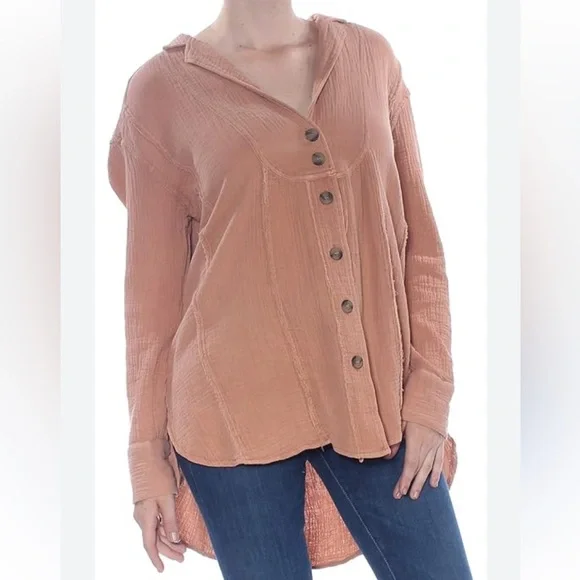 Free People Rusty Rose Mauve Gauzy Button Down Blouse Top Duster Jacket - Picture 5 of 8